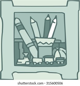 Vector of shelves filled with household objects. Hand drawn cartoon.