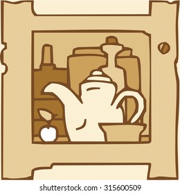 Vector of shelves filled with household objects. Hand drawn cartoon.