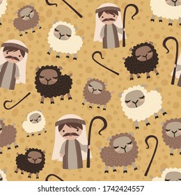 Vector Shepherd with Sheep Nativity Christian Seamless Pattern Background. Perfect for fabric, scrapbooking, kids, stationery, and home decor projects. Coordinates with my nativity patterns.