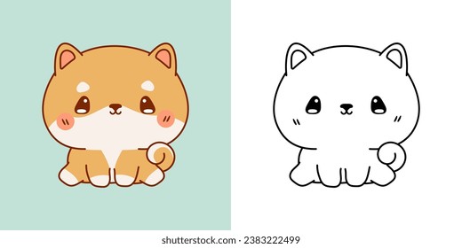 Vector Shiba Inu Puppy Multicolored and Black and White. Beautiful Clip Art Baby Dog. Cartoon Vector Illustration of Kawaii Baby Animal for Stickers, Prints for Clothes, Baby Shower. 