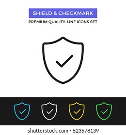 Vector shield and checkmark icon. Safety, protection. Premium quality graphic design. Signs, outline symbols collection, simple thin line icons set for websites, web design, mobile app, infographics