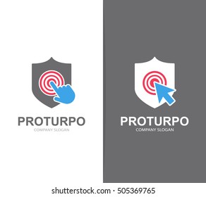 Vector shield and click logo combination. Security and cursor symbol or icon. Unique protect and defense logotype design template.