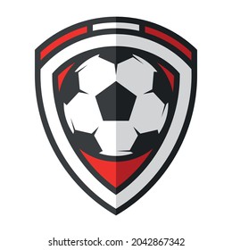Vector shield colored red-white soccer team logo with soccer ball in the middle and tricolor at the top. Sports illustration.