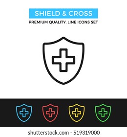 Vector shield and cross icon. Medicine concept. Premium quality graphic design. Modern signs, outline symbols collection, simple thin line icons set for websites, web design, mobile app, infographics