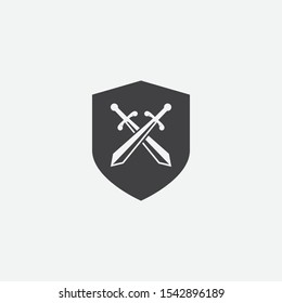 vector shield and crossed swords icon, flat design swords and shield vector icon, sword icon conception with shield icon, blade and shield vector illustration
