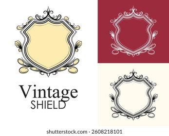 vector shield with decorative elements. Coat of arms, heraldry, emblem, symbol. Made in vintage style. Line art. Vector illustration