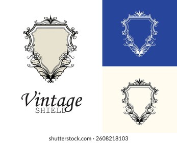 vector shield with decorative elements. Coat of arms, heraldry, emblem, symbol. Made in vintage style. Line art. Vector illustration