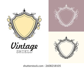 vector shield with decorative elements. Coat of arms, heraldry, emblem, symbol. Made in vintage style. Line art. Vector illustration
