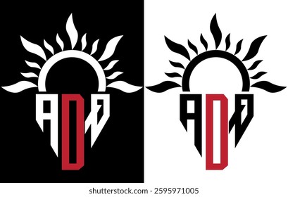Vector shield emblem ADQ Logo with abstract fire design elements