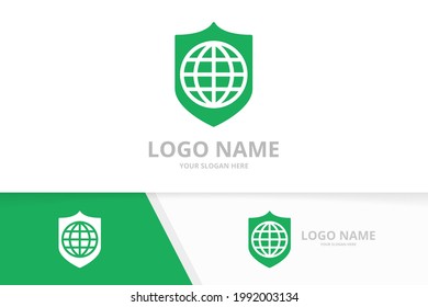 Vector shield and globe logo combination. Security and world logotype design template.