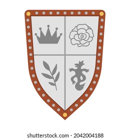Vector shield icon. Fairy tale knight armor with royal power symbols. Fairytale soldier sword. Cartoon medieval weapon illustration.
