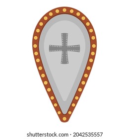 Vector shield icon. Fairy tale knight armor with royal power symbols. Fairytale soldier sword. Cartoon medieval weapon illustration.

