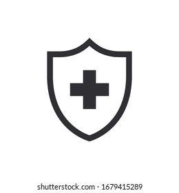 Vector shield icon. Security vector icon. Protection icon. Shield vector icon. Safety system. Healthcare. Health insurance. Medical shield. Shield with a cross. Virus. Virus protection. Guard badge. 