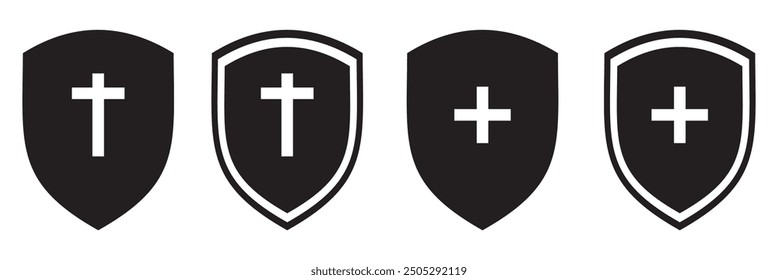 Vector shield icon. Security vector icon. Protection icon. Shield vector icon. Safety system. Healthcare. Health insurance. Medical shield. Shield with a cross. Virus. Virus protection. Guard badge.