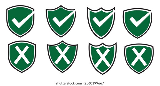 Vector shield icon. Security vector icon. Protection icon. Shield vector icon. Verification completed. Checkmark OK and X icons.