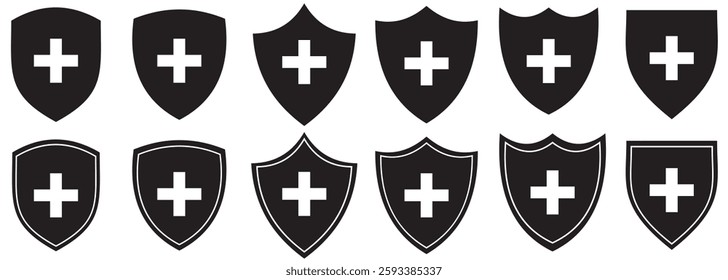 Vector shield icon. Security vector icon. Protection icon. Shield vector icon. Safety system. Healthcare. Health insurance. Medical shield. Shield with a cross. Virus. Virus protection. Guard badge.