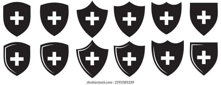 Vector shield icon. Security vector icon. Protection icon. Shield vector icon. Safety system. Healthcare. Health insurance. Medical shield. Shield with a cross. Virus. Virus protection. Guard badge.