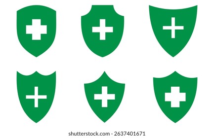 Vector shield icon. Security vector icon. Protection icon. Shield vector icon. Safety system. Healthcare. Health insurance. Medical shield. Shield with a cross.