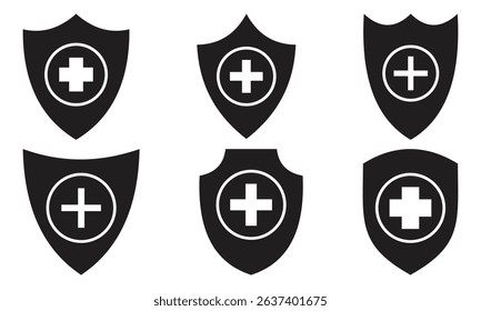 Vector shield icon. Security vector icon. Protection icon. Shield vector icon. Safety system. Healthcare. Health insurance. Medical shield. Shield with a cross.