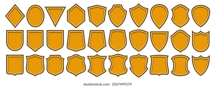 Vector Shield Icon Set, collection of 30 illustrations various old shields for retro signboard or certificate, group of different shield layouts with copy space for royalty slogan on white background