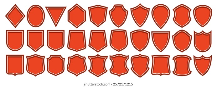 Vector Shield Icon Set, collection of 30 illustrations various old shields for retro sign board or certificate, group of different shield layouts with copy space for royalty slogan on white background