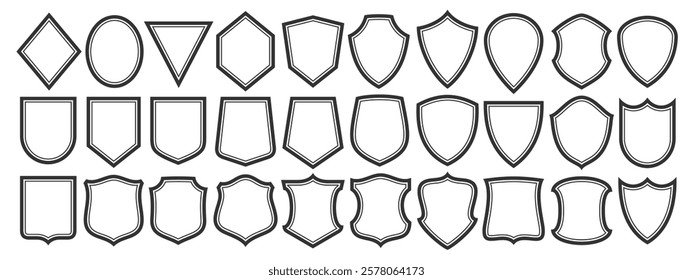 Vector Shield Icon Set, lot collection of 30 cut out illustrations various old shield templates for retro signboard or certificate, group of different shield layouts with copy space for royalty slogan