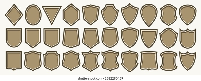 Vector Shield Icon Set, collection of 30 illustrations various brown shields for retro signboard or signage, group of different shield layouts with copy space for royalty slogan on white background