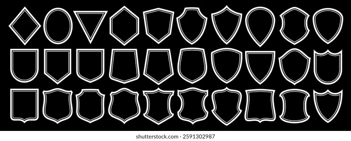 Vector Shield Icon Set, collection of 30 illustrations various old shields for retro sign board or certificate, group of different shield layouts with copy space for royalty slogan on dark background