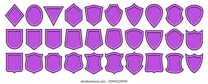 Vector Shield Icon Set, collection of 30 illustrations variety old shields for retro sign board or certificate, group of different shield layouts with copy space for royalty slogan on white background