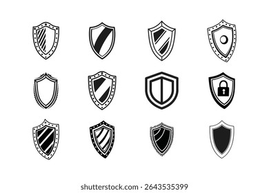 Vector Shield Icons Pack 12 Black and White Security and Privacy Symbols for Web and App Design, Striped Shield Icon with Dotted Border  Black and White Security Emblem, Diagonal Split Shield icon