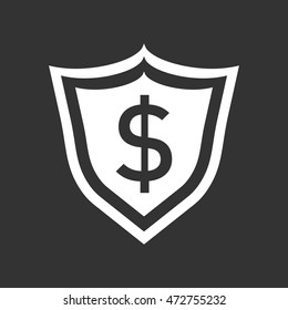 Vector shield with money. Illustration in flat style with dollar on black background.