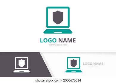 Vector shield and notebook logo combination. Security and laptop logotype design template.