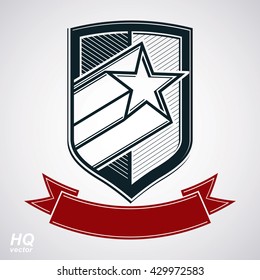 Vector shield with pentagonal comet star and decorative curvy band, protection heraldic sheriff blazon with red ribbon. Ussr socialism conceptual symbol. Award, graphical coat of arms.