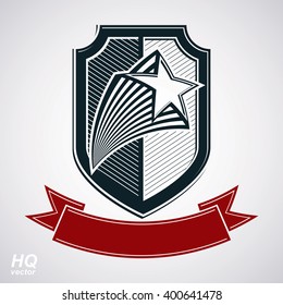 Vector shield with pentagonal star and decorative curvy ribbon, protection heraldic blazon. Ussr classic design element, award.