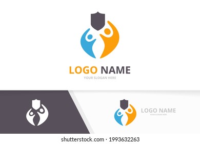 Vector shield and people logo combination. Family security logotype design template.