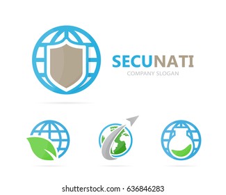 Vector of shield and planet logo combination. Security and world symbol or icon. Unique protect and globe logotype design template.