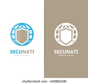 Vector of shield and planet logo combination. Security and world symbol or icon. Unique protect and globe logotype design template.
