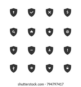Vector shield protection icon set black on white
