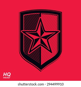 Vector shield with a red pentagonal Soviet star, protection heraldic blazon. Communism and socialism conceptual symbol.


