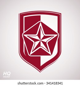 Vector shield with red pentagonal star, protection heraldic blazon. Ussr design element, Soviet idea conceptual symbol.