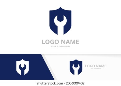 Vector shield and repair logo combination. Security fix logotype design template.