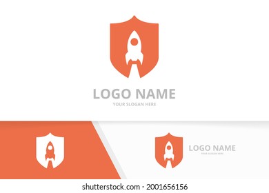 Vector shield and rocket logo combination. Security airplane logotype design template.