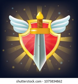 Vector shield with sword, stars and wings. Perfect for games or other design works