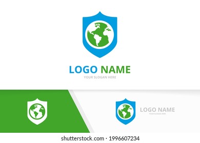 Vector shield and world logo combination. Globe security logotype design template.