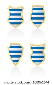 Vector shields with blue and white stripes.