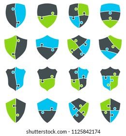 Vector shields. Puzzle shield icon, logo set.