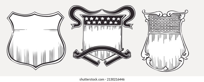 Vector shields and stars   stripes patterns   ribbons  Illustration US history   4th July celebration in engraving style  Perfect for independence day cards  invitations  banners 