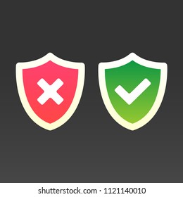Vector shields tick and cross icons sign set flat design gradient vibrant color version vector illustration