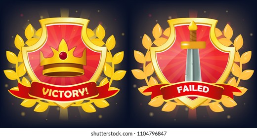 Vector shields with victory and failure banner, crown and sword. Perfect for games or other design works