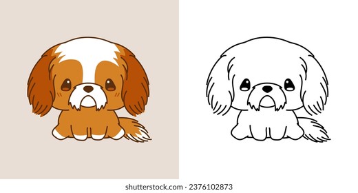 Vector Shih Tzu Dog Multicolored and Black and White. Beautiful Clip Art Puppy. Cartoon Vector Illustration of Kawaii Animal for Stickers, Prints for Clothes, Baby Shower. 